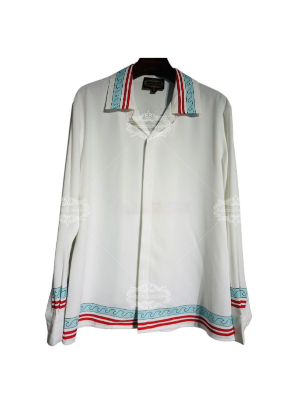 Coastal Wave Trim Long Sleeve Shirt | Retro Resort White Casual