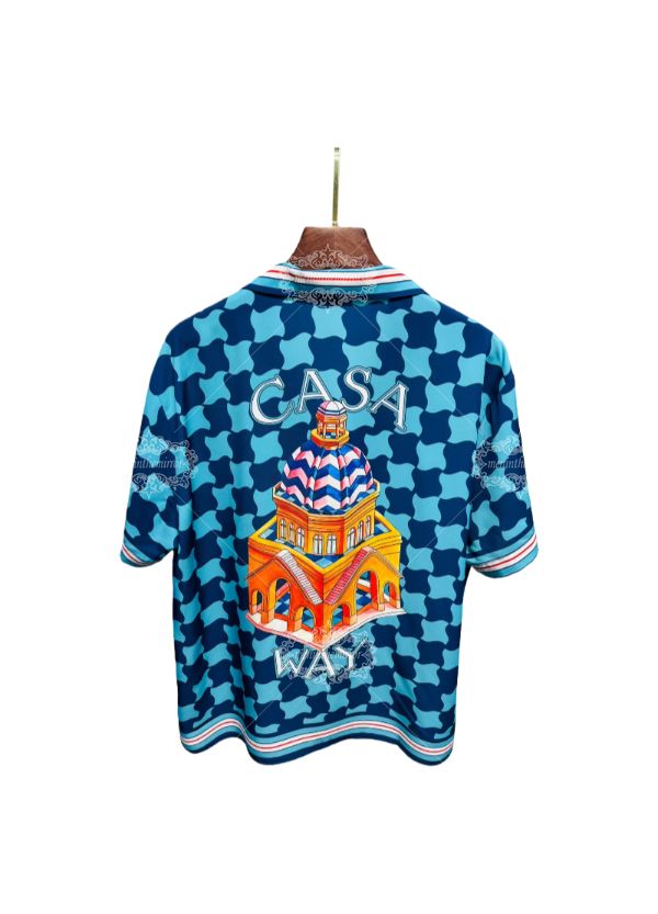 भूमध्यसागरीय ज्यामितीय प्रिंट शर्ट | एक्वा ब्लू आर्किटेक्चर रिज़ॉर्ट