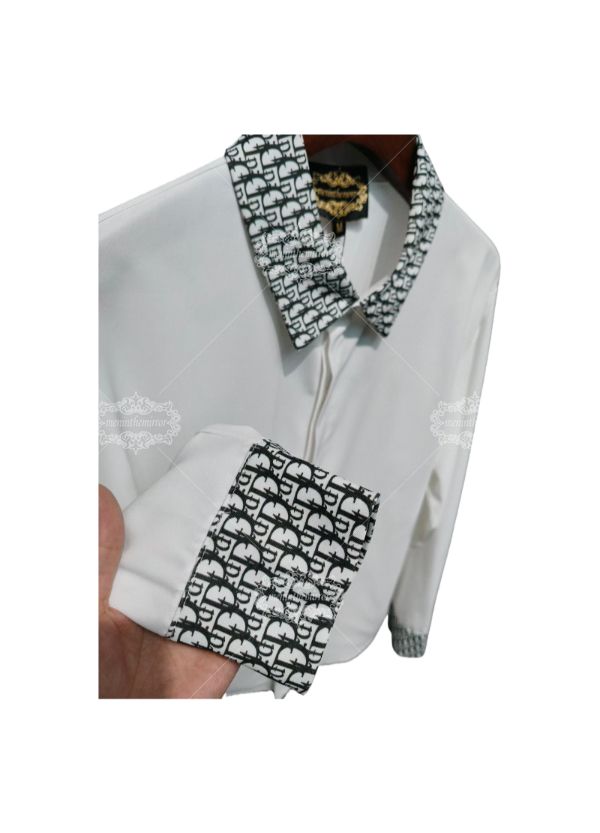 सफ़ेद मोनोग्राम ट्रिम ड्रेस शर्ट | अवकाश कॉलर