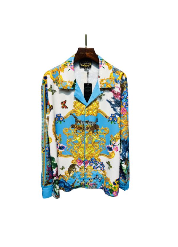 Luxury Safari Baroque Print Long Sleeve Shirt | Sky Blue Wildlife Lux