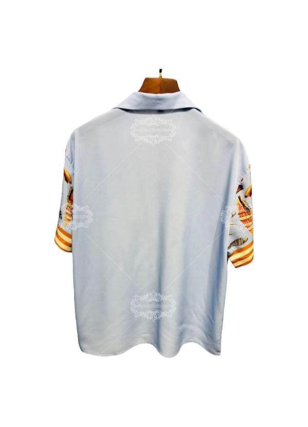 हल्का नीला सीशेल मैरीटाइम प्रिंट शर्ट | रेट्रो रिज़ॉर्ट शॉर्ट