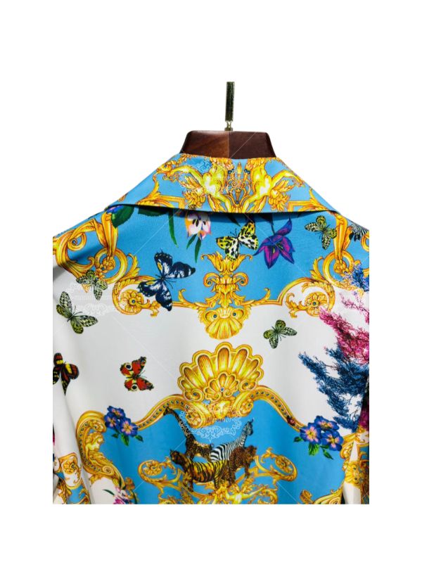 Luxury Safari Baroque Print Long Sleeve Shirt | Sky Blue Wildlife Lux