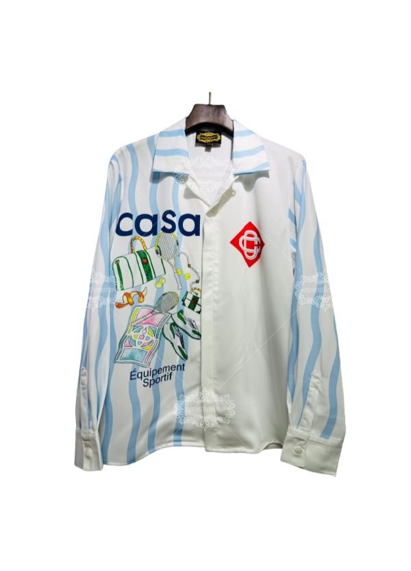 सफ़ेद और नीली वेव स्ट्राइप टेनिस एलिमेंट प्रिंट शर्ट | स्पोर्ट लक्स रिज़ॉर्ट लॉन्ग