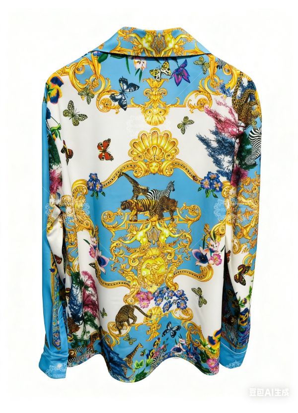 Luxury Safari Baroque Print Long Sleeve Shirt | Sky Blue Wildlife Lux