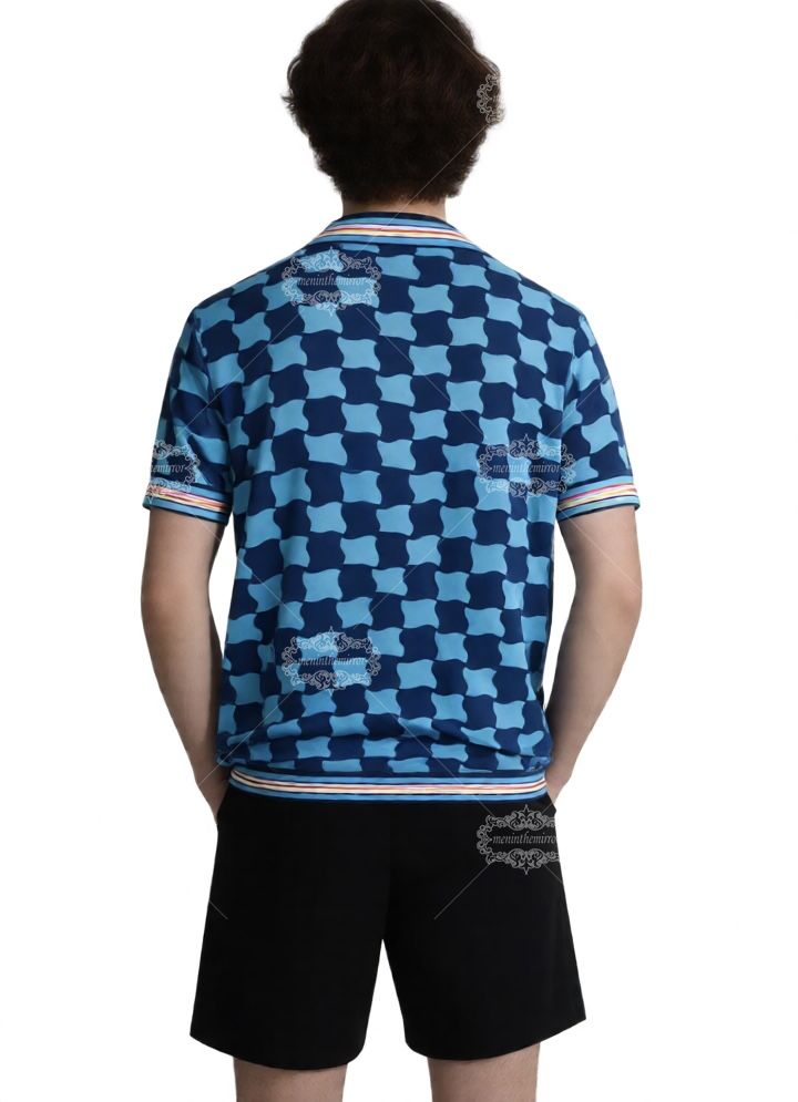 भूमध्यसागरीय ज्यामितीय प्रिंट शर्ट | एक्वा ब्लू आर्किटेक्चर रिज़ॉर्ट