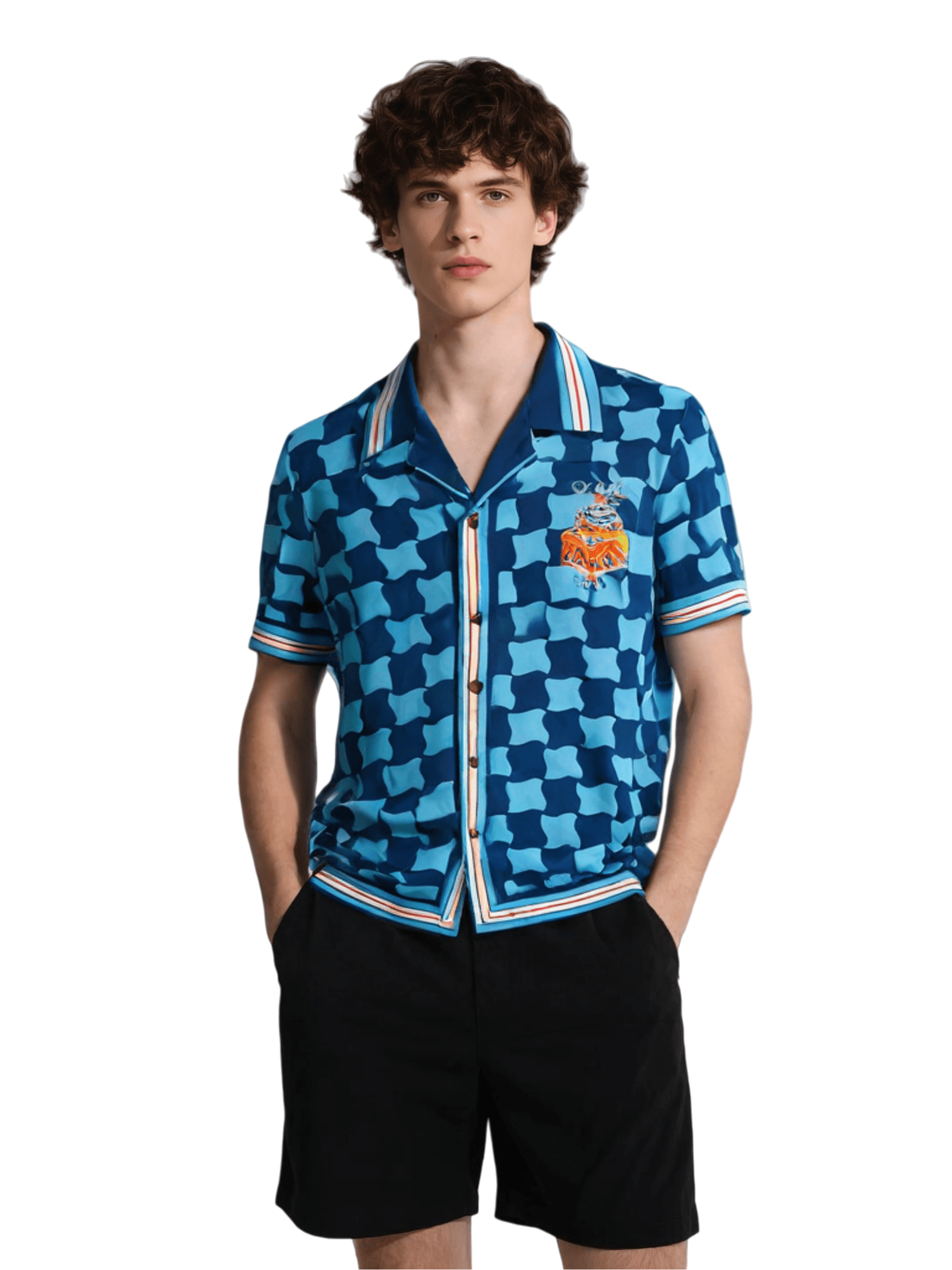 भूमध्यसागरीय ज्यामितीय प्रिंट शर्ट | एक्वा ब्लू आर्किटेक्चर रिज़ॉर्ट