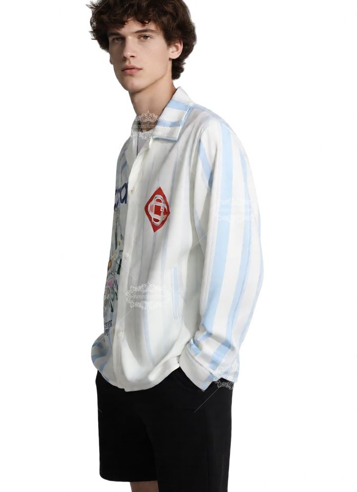 सफ़ेद और नीली वेव स्ट्राइप टेनिस एलिमेंट प्रिंट शर्ट | स्पोर्ट लक्स रिज़ॉर्ट लॉन्ग