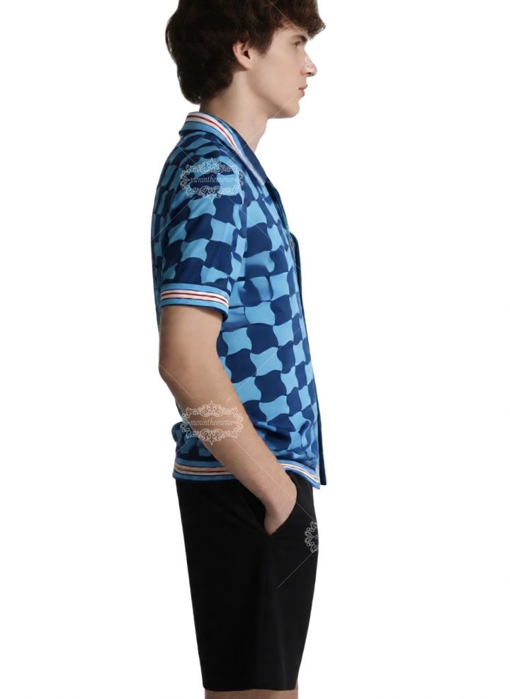 भूमध्यसागरीय ज्यामितीय प्रिंट शर्ट | एक्वा ब्लू आर्किटेक्चर रिज़ॉर्ट