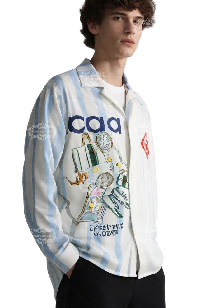 सफ़ेद और नीली वेव स्ट्राइप टेनिस एलिमेंट प्रिंट शर्ट | स्पोर्ट लक्स रिज़ॉर्ट लॉन्ग