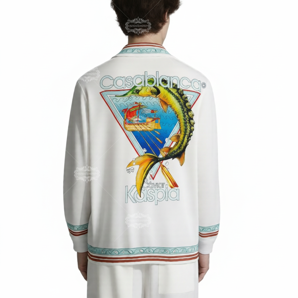Coastal Wave Trim Long Sleeve Shirt | Retro Resort White Casual