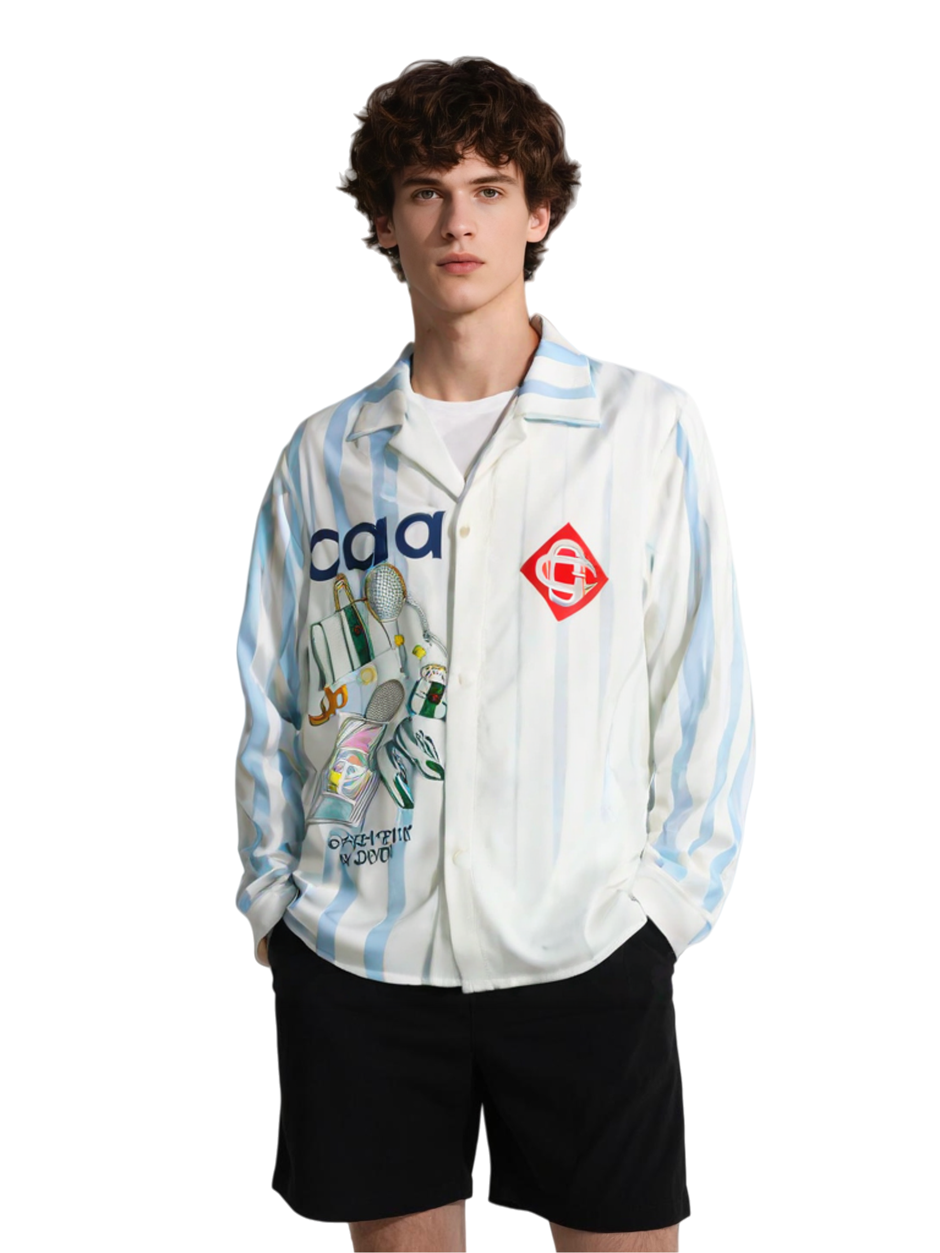 सफ़ेद और नीली वेव स्ट्राइप टेनिस एलिमेंट प्रिंट शर्ट | स्पोर्ट लक्स रिज़ॉर्ट लॉन्ग