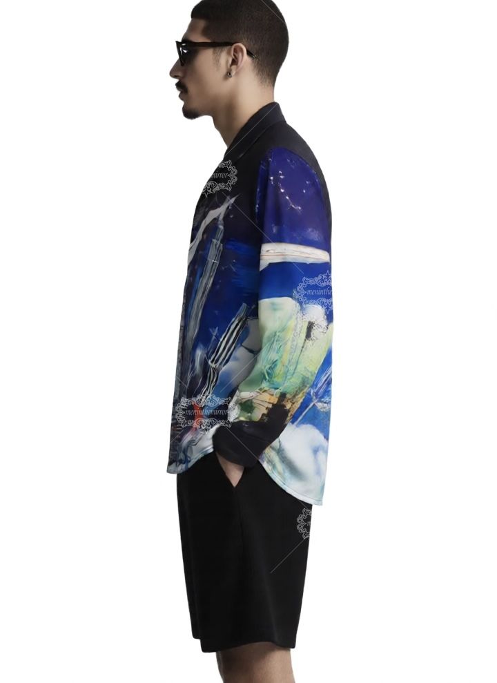 Luxury Global Cityscape Print Shirt | silk-satin travel art long