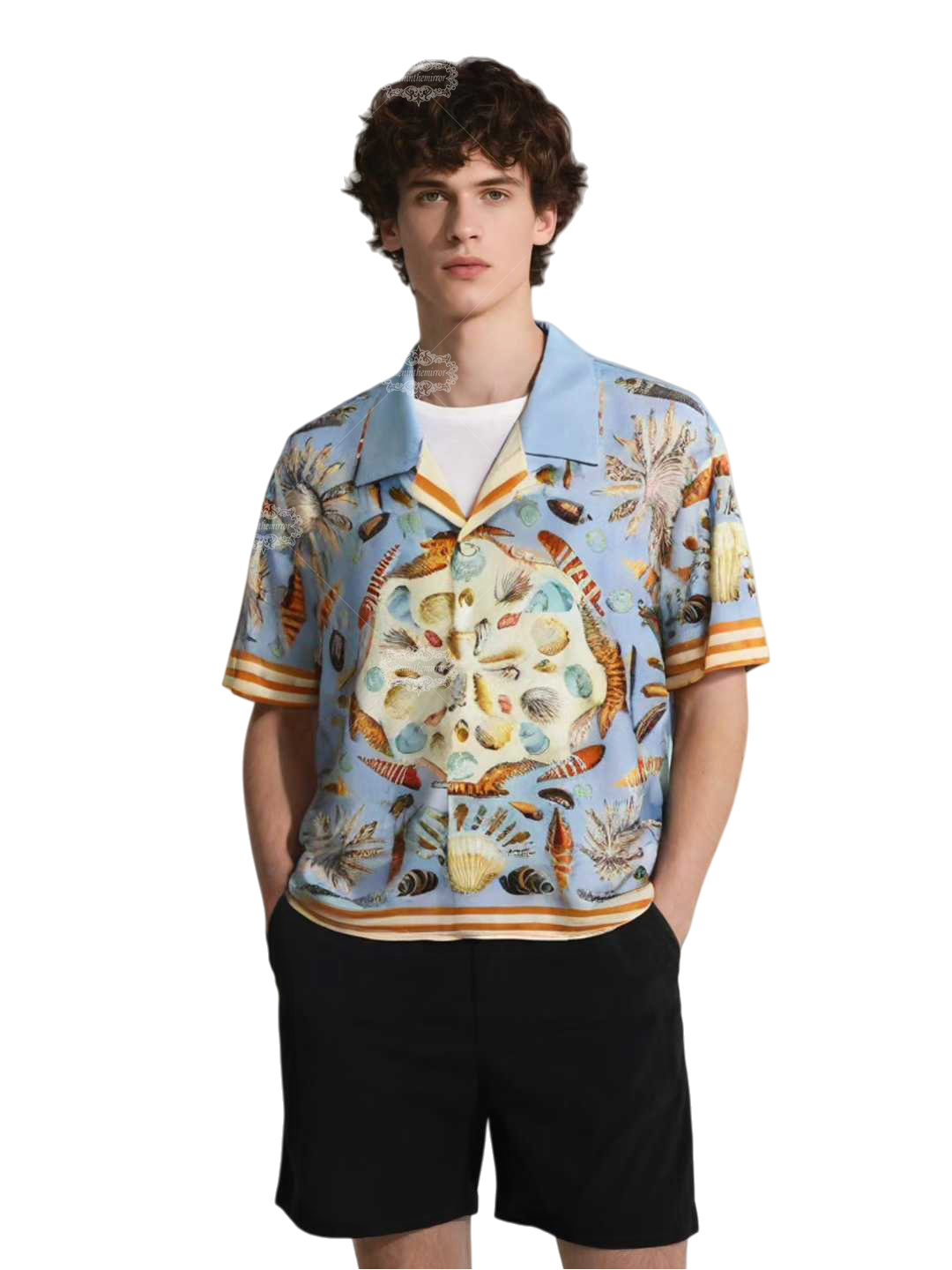 हल्का नीला सीशेल मैरीटाइम प्रिंट शर्ट | रेट्रो रिज़ॉर्ट शॉर्ट