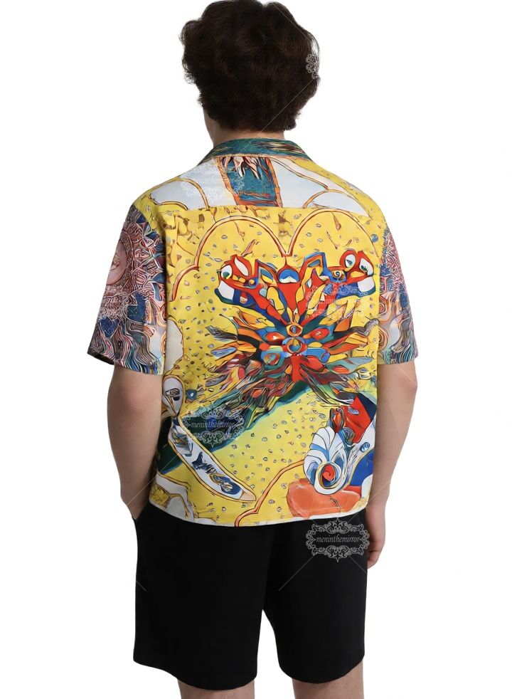 वाइब्रेंट सन गॉड और सनडायल प्रिंट शर्ट | लक्स येलो बारोक शॉर्ट