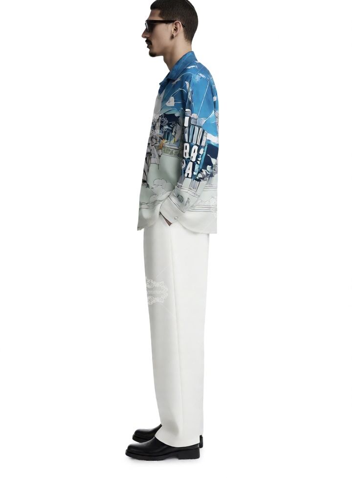 हल्के नीले रंग की बारोक मूर्तिकला प्रिंट शर्ट | लाइट लक्स रिज़ॉर्ट शॉर्ट