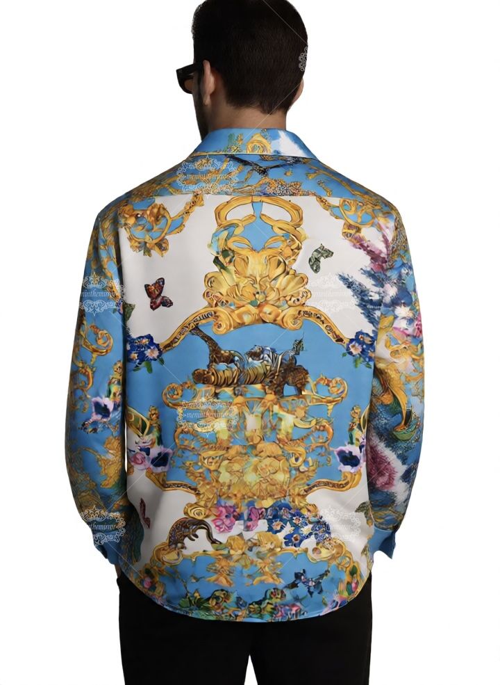 Luxury Safari Baroque Print Long Sleeve Shirt | Sky Blue Wildlife Lux