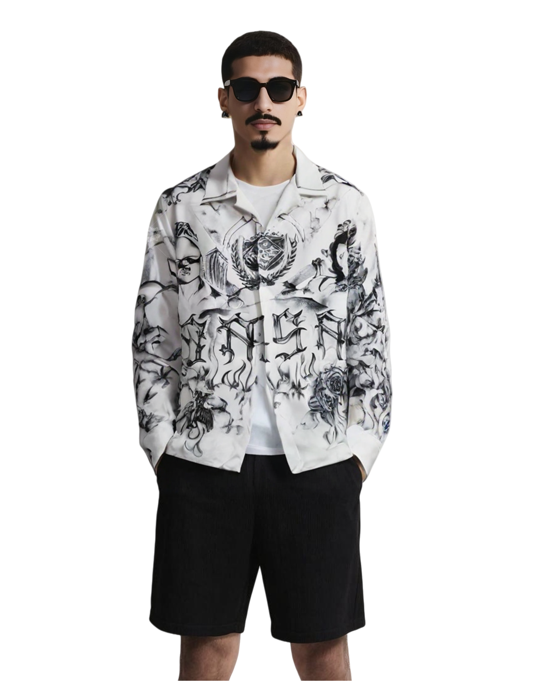 टैटू आर्ट सिटीस्केप प्रिंट शर्ट | डार्क लक्स अर्बन ग्राफ़िक लॉन्ग