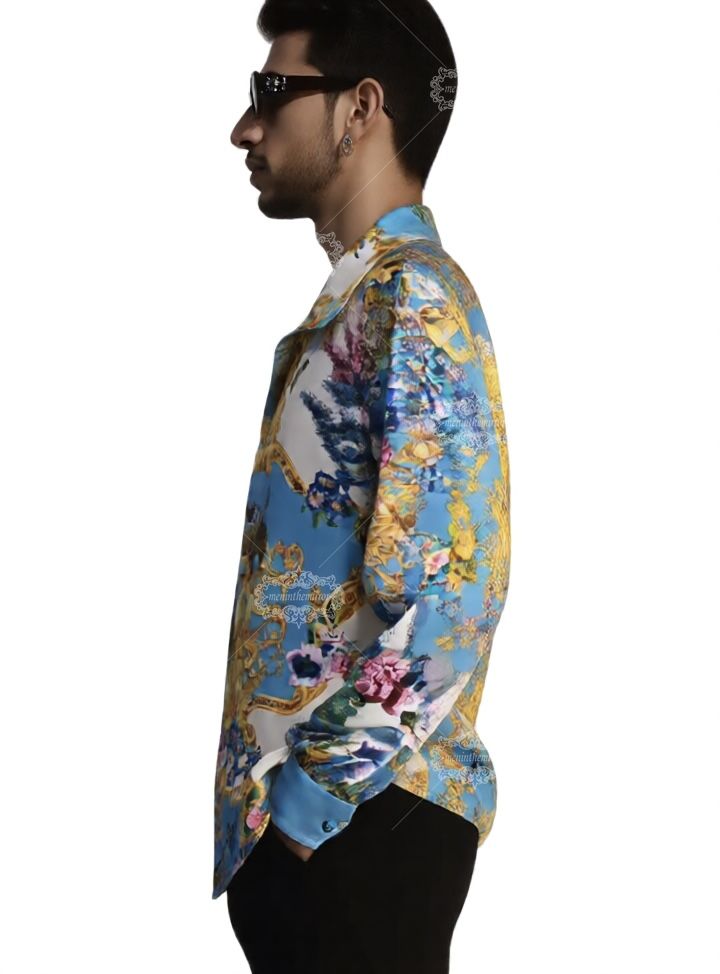 Luxury Safari Baroque Print Long Sleeve Shirt | Sky Blue Wildlife Lux