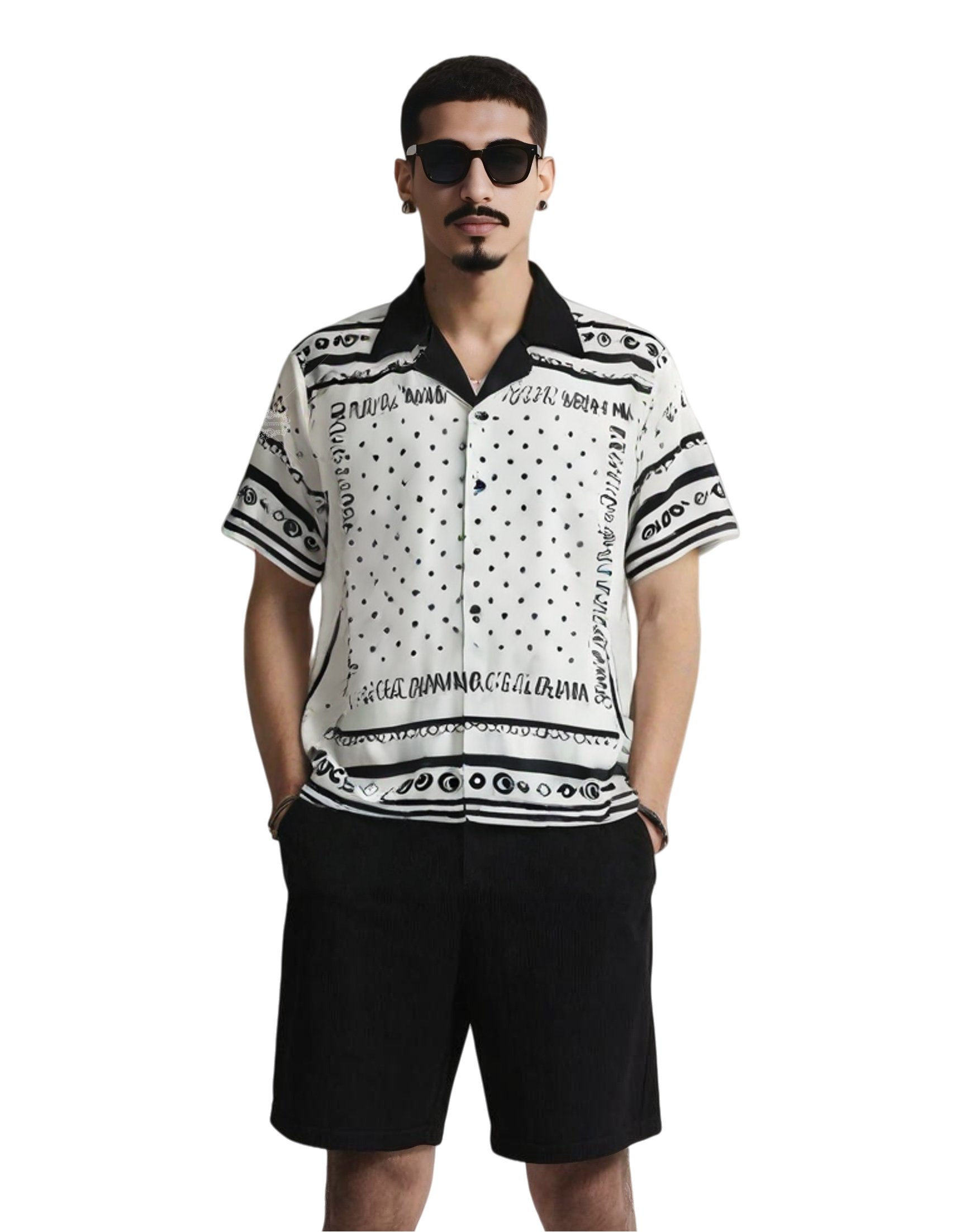 मोनोक्रोम पोल्का डॉट बॉर्डर छोटी आस्तीन वाली शर्ट | रेट्रो सिल्क-स्कार्फ़ लक्स