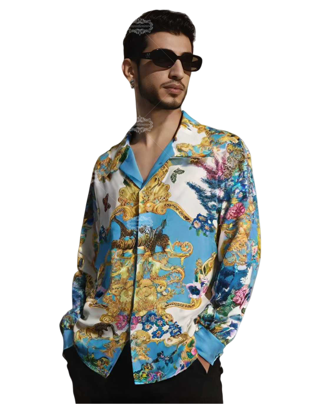 Luxury Safari Baroque Print Long Sleeve Shirt | Sky Blue Wildlife Lux