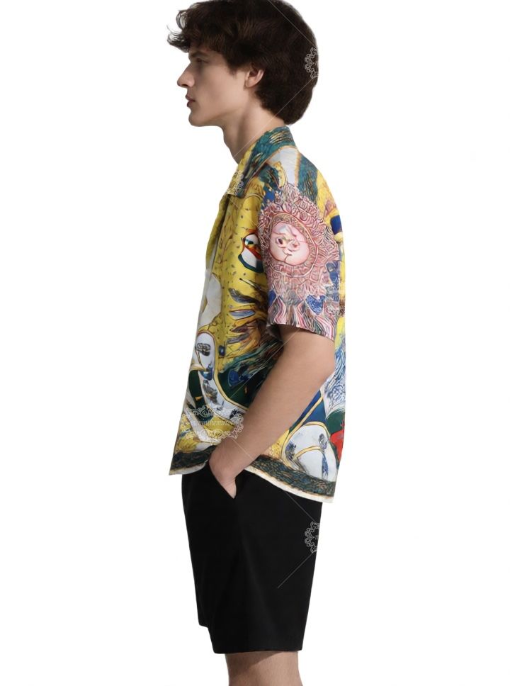 वाइब्रेंट सन गॉड और सनडायल प्रिंट शर्ट | लक्स येलो बारोक शॉर्ट