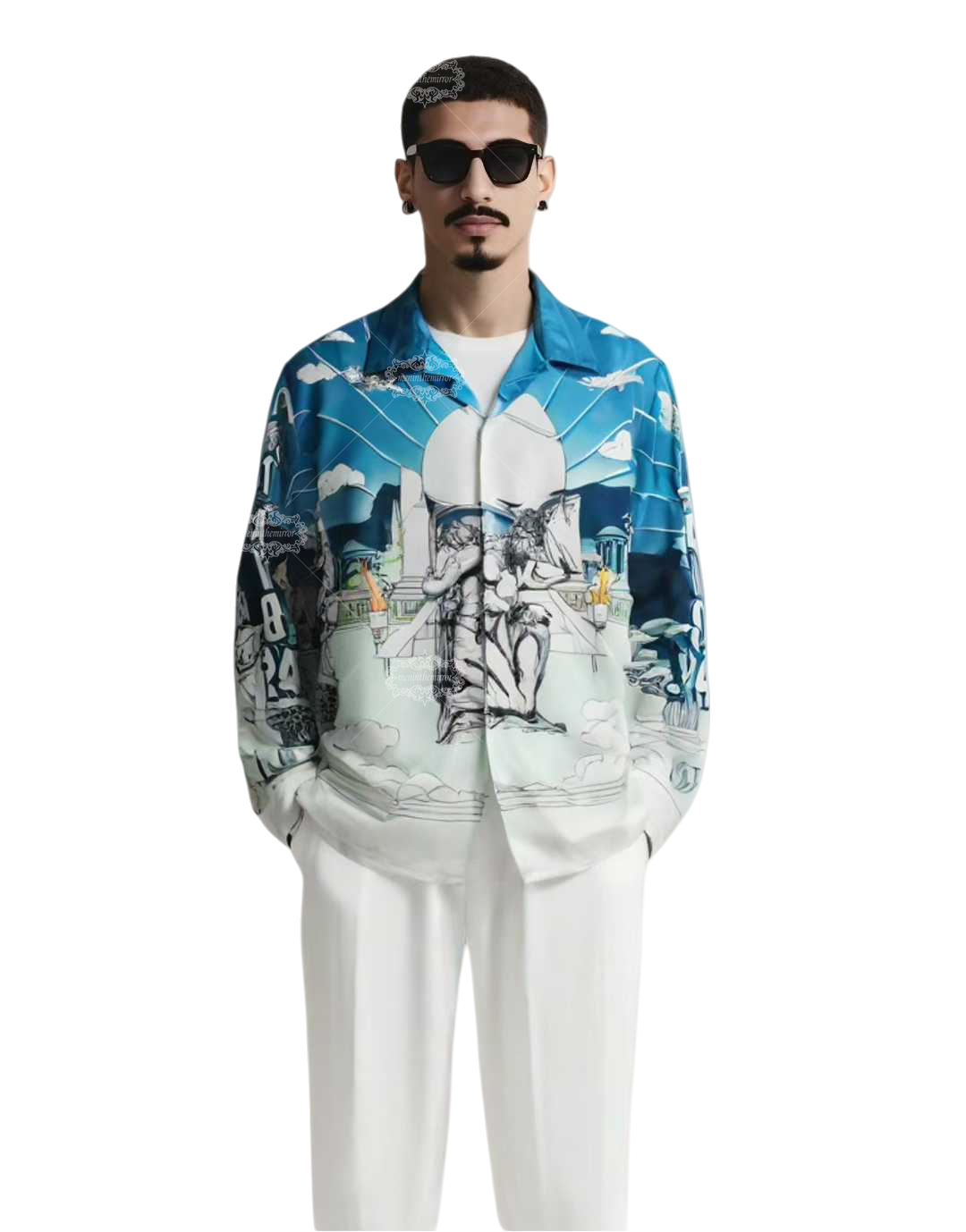 हल्के नीले रंग की बारोक मूर्तिकला प्रिंट शर्ट | लाइट लक्स रिज़ॉर्ट शॉर्ट